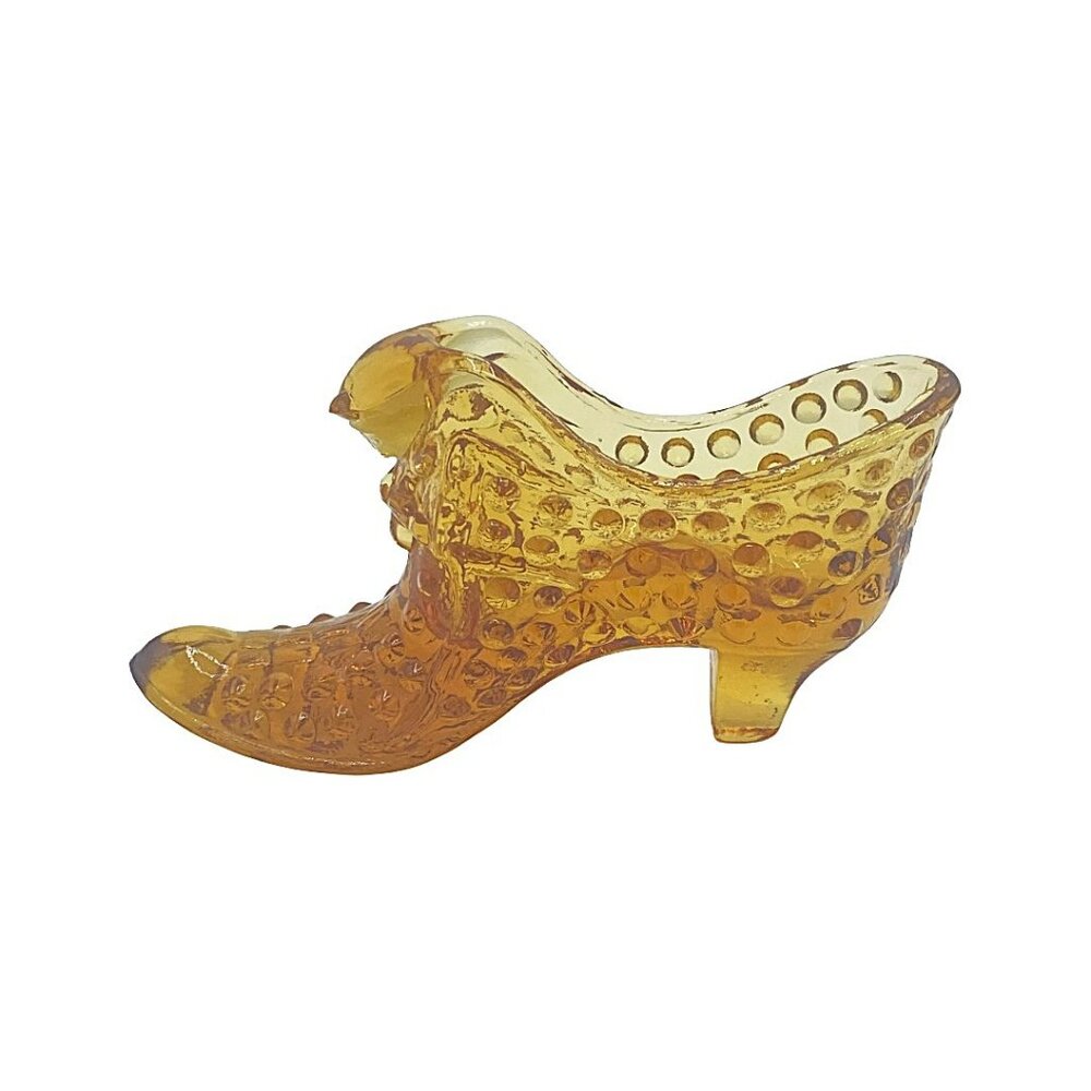 Vintage Fenton Cat Head Bow Hobnail Honey Amber Glass Shoe Art Glass Collectible